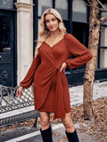 Asymmetrical Surplice Puff Sleeve Mini Dress - Trendsi - Flyclothing LLC