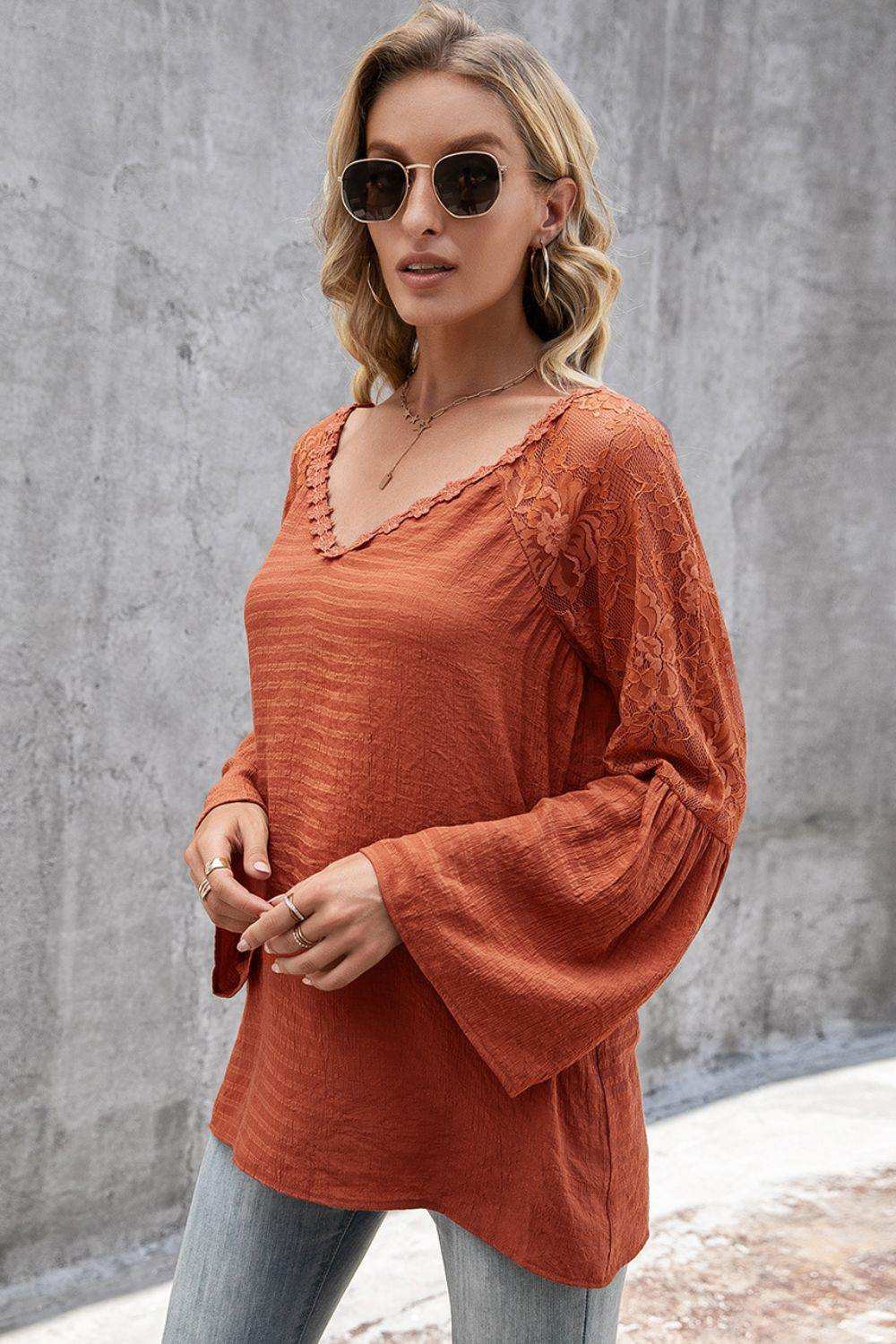 V-Neck Spliced Lace Flare Sleeve Top - Trendsi - Flyclothing LLC