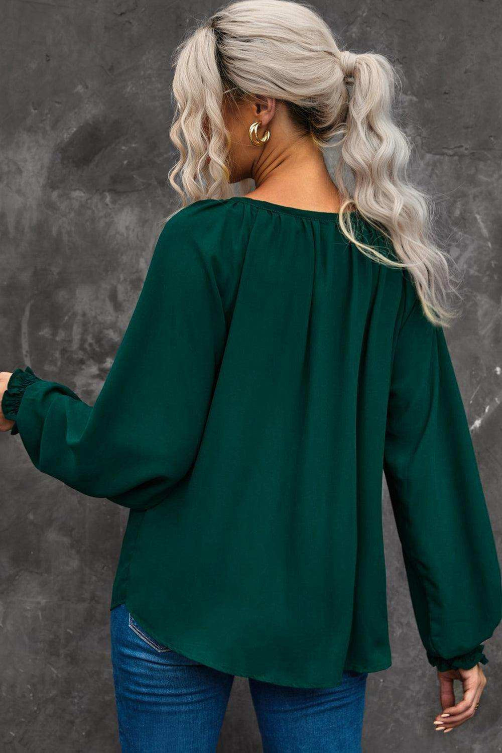 Notched Neck Lantern Sleeve Blouse - Trendsi - Flyclothing LLC