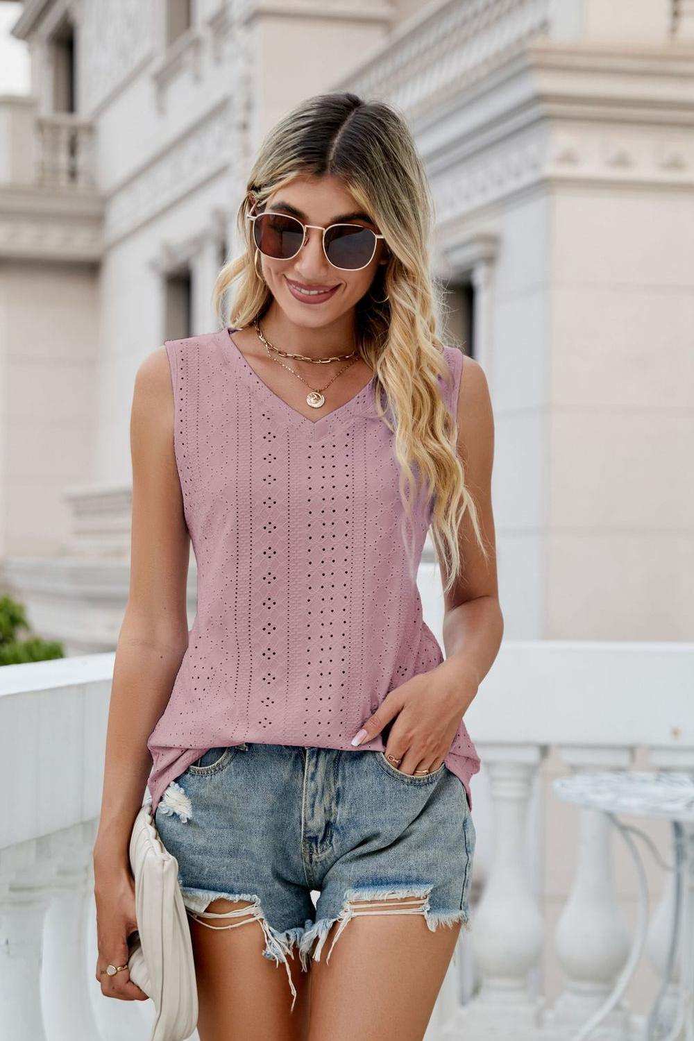 Eyelet V-Neck Tank - Trendsi - Flyclothing LLC