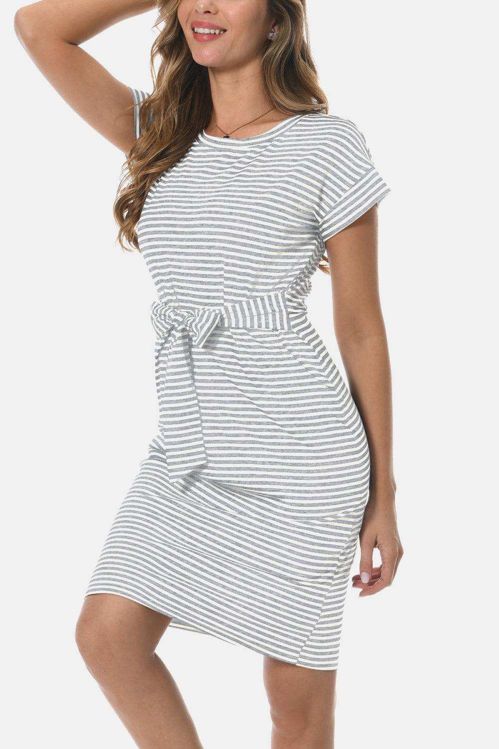 Tie Front Round Neck Short Sleeve Dress - Trendsi - Flyclothing LLC