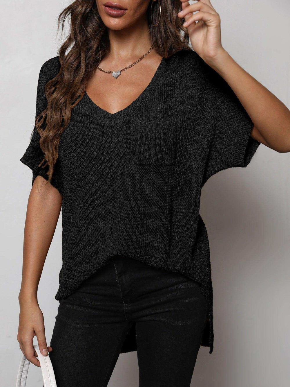 V-Neck Slit High-Low Knit Top - Trendsi - Flyclothing LLC