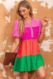 Color Block Buttoned Puff Sleeve Dress - Trendsi - Flyclothing LLC