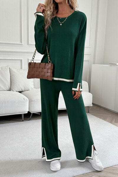 Contrast Trim Round Neck Top and Pants Set - Trendsi - Flyclothing LLC