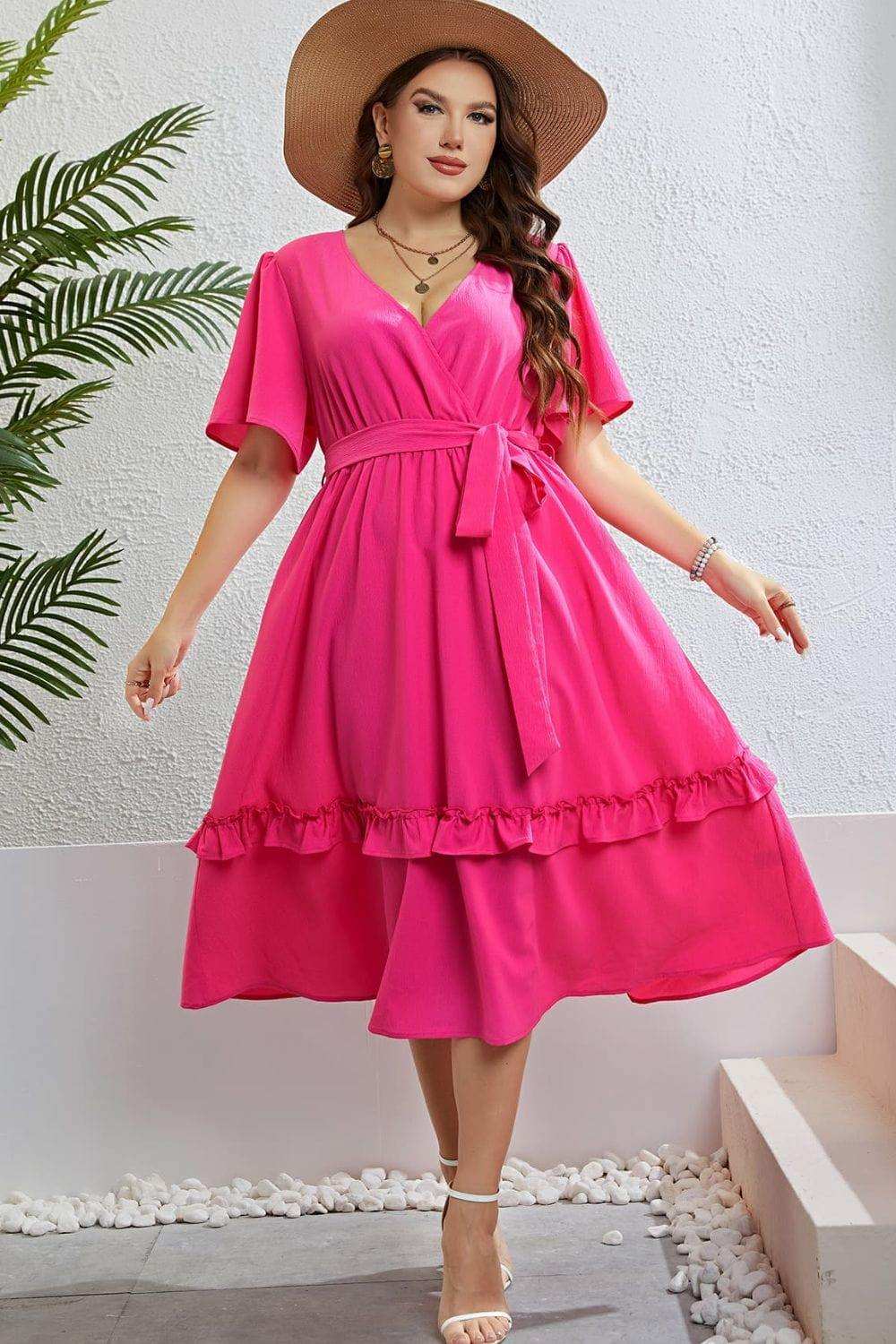 Belted Frill Trim Flutter Sleeve Dress - Trendsi - Flyclothing LLC