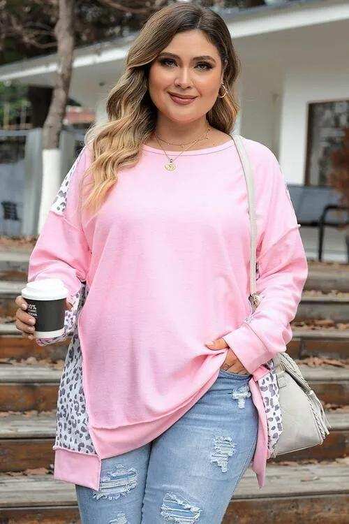 Plus Size Leopard Exposed Seam Long Sleeve Sweatshirt - Trendsi - Flyclothing LLC