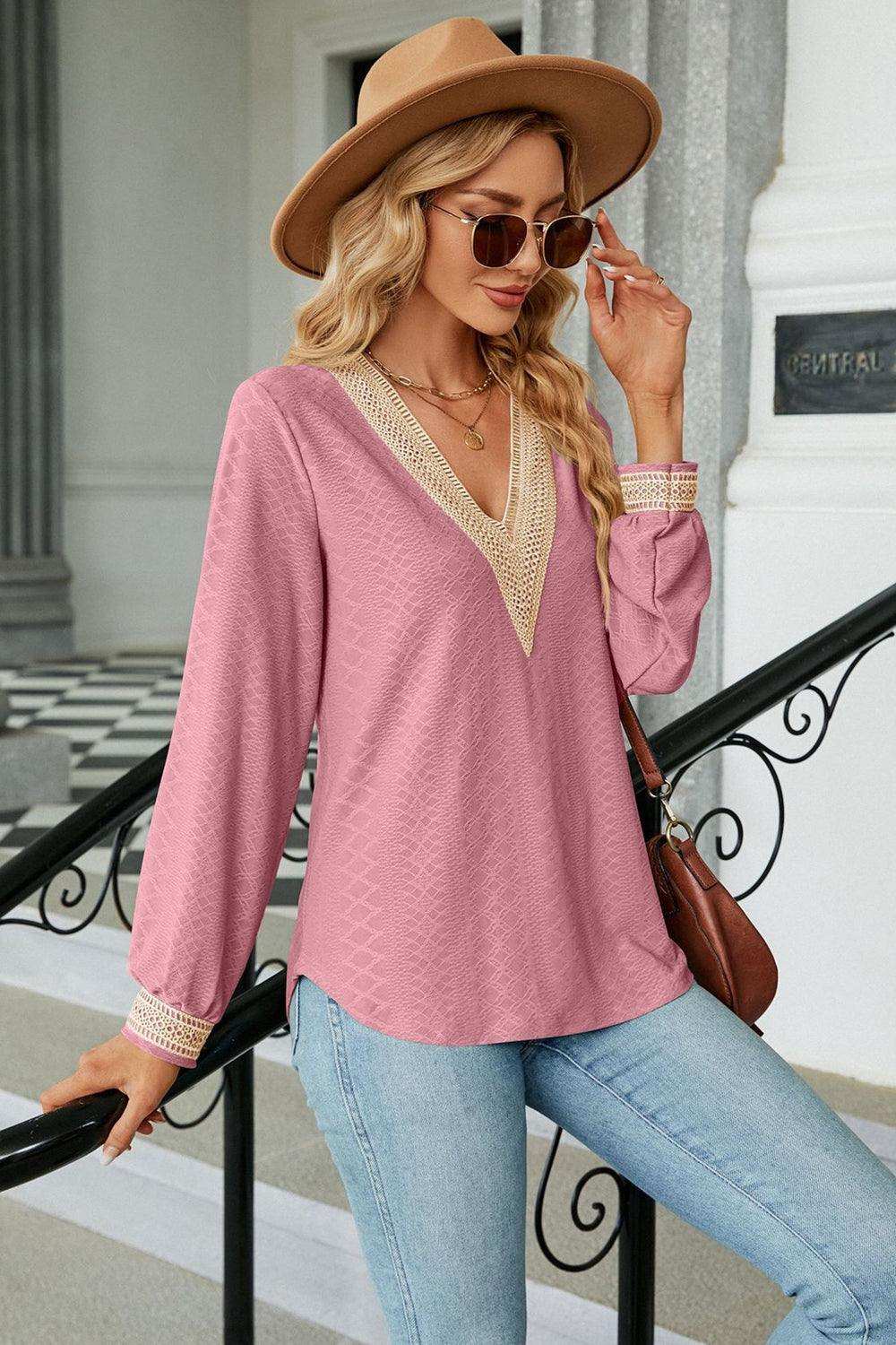 V-Neck Long Sleeve Blouse - Trendsi - Flyclothing LLC
