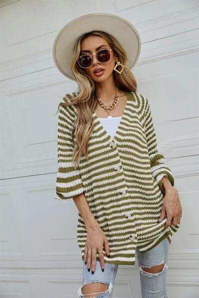 Striped Button Up Long Sleeve Cardigan - Trendsi - Flyclothing LLC