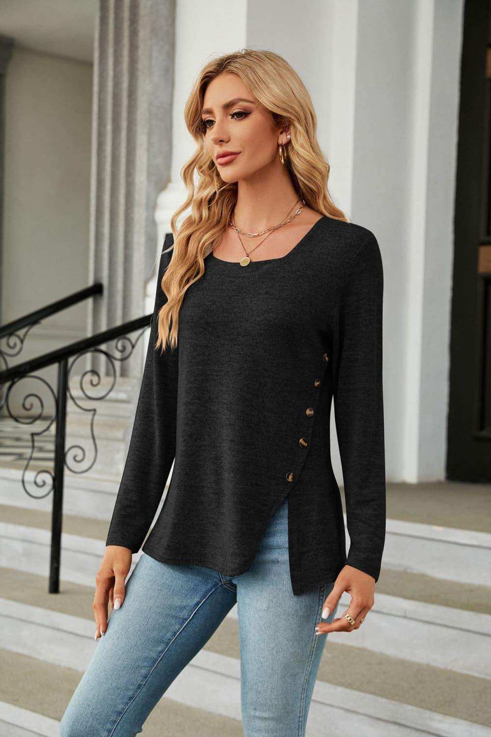 Square Neck Long Sleeve Slit T-Shirt - Trendsi - Flyclothing LLC