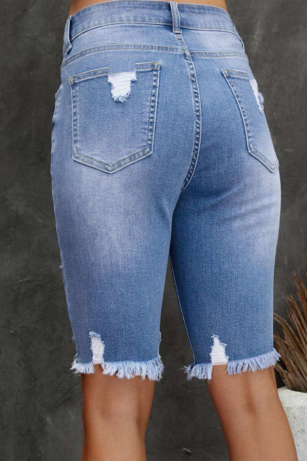 Distressed Frayed Hem Denim Bermuda Shorts - Trendsi - Flyclothing LLC