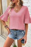 Textured V-Neck Flounce Sleeve Blouse - Trendsi - Flyclothing LLC