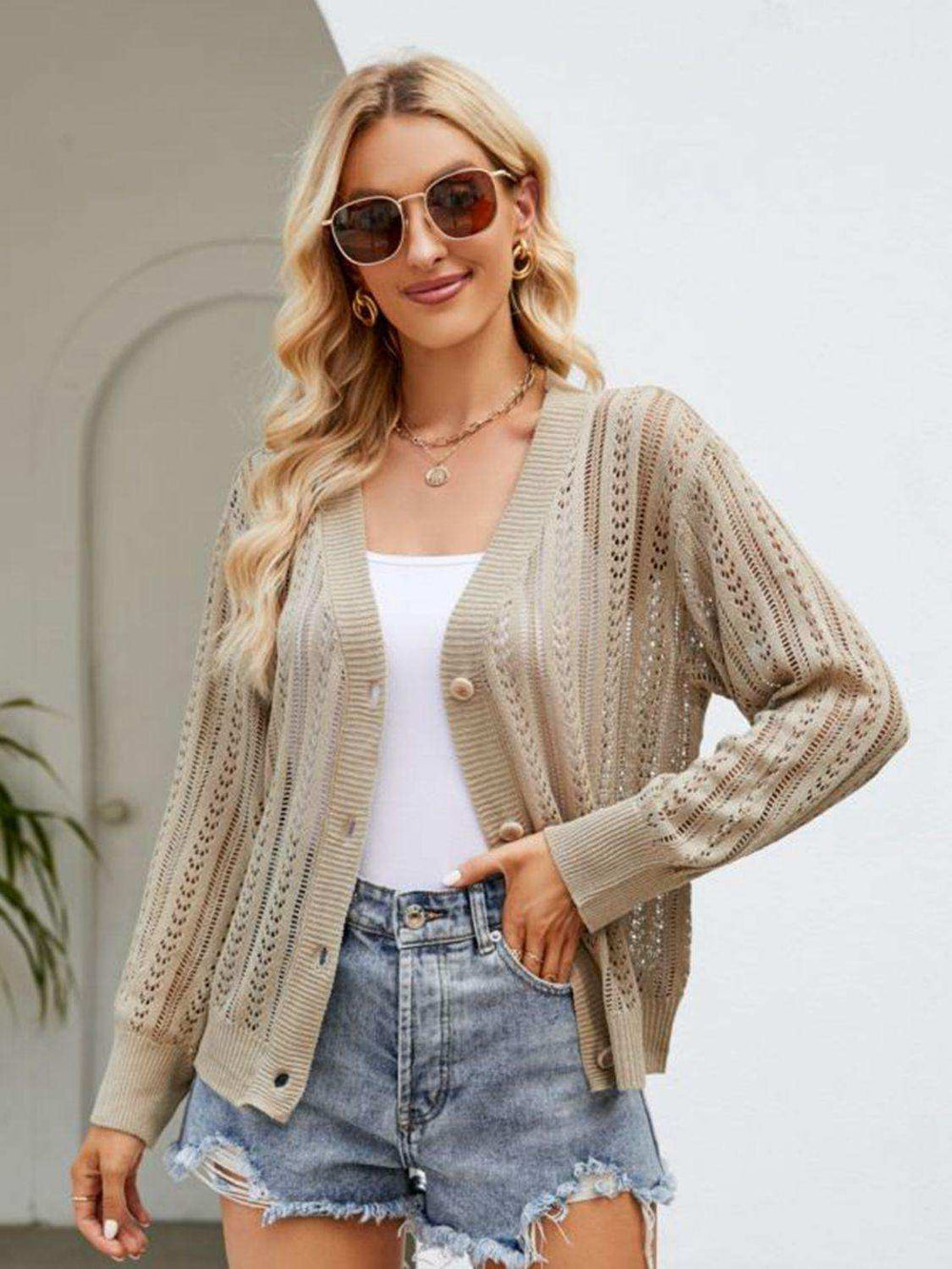 Button Down Ribbed Trim Cardigan - Trendsi - Flyclothing LLC