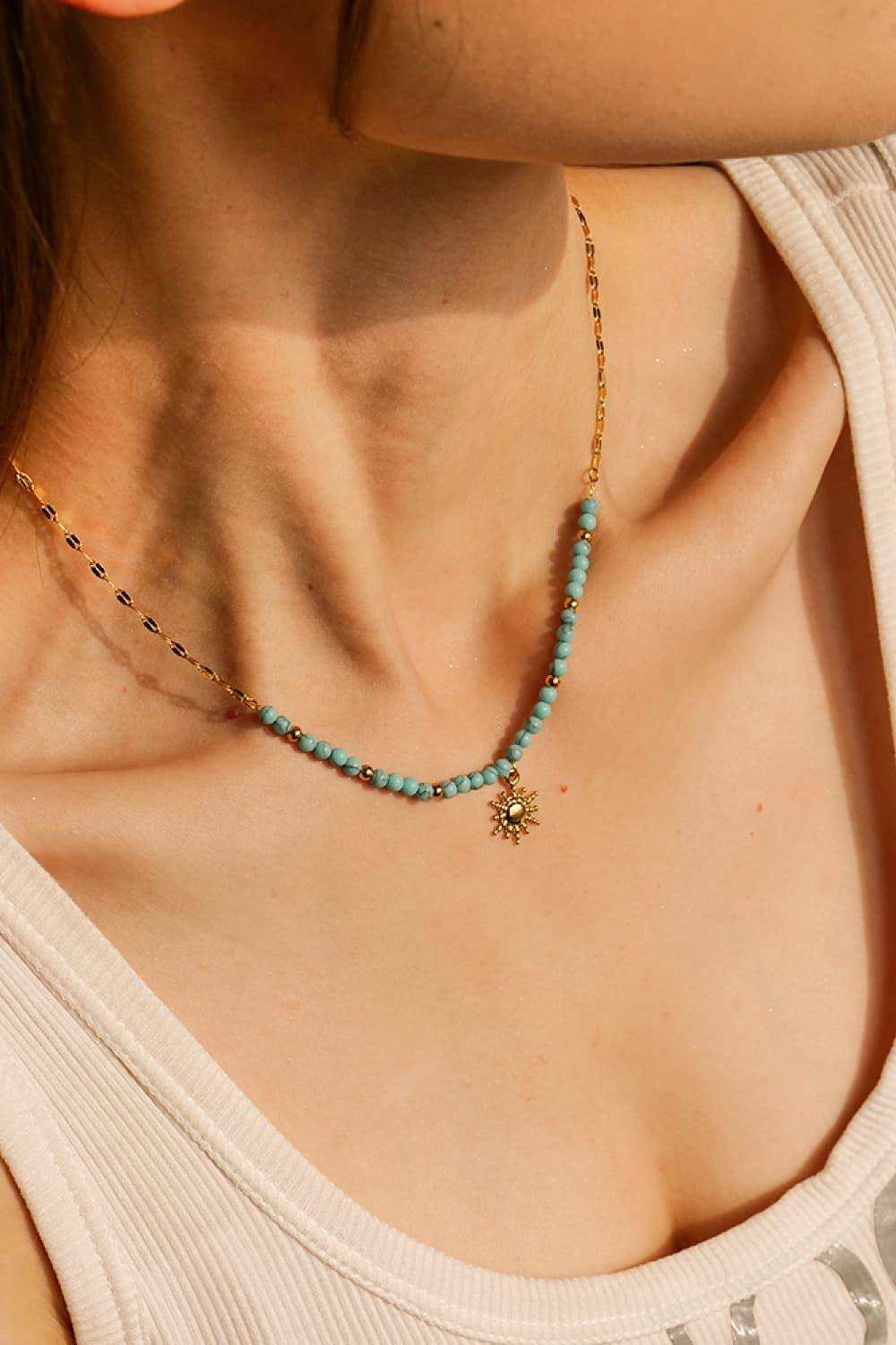Turquoise Beaded 18K Gold-Plated Sun Shape Pendant Necklace - Trendsi - Flyclothing LLC