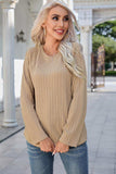 Round Neck Raglan Sleeve Ribbed Blouse - Trendsi - Flyclothing LLC