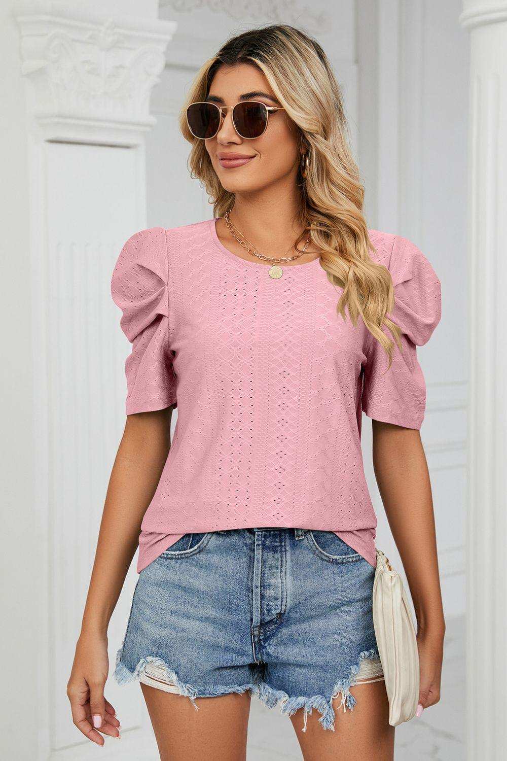 Eyelet Puff Sleeve Round Neck Blouse - Trendsi - Flyclothing LLC