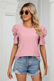 Eyelet Puff Sleeve Round Neck Blouse - Trendsi - Flyclothing LLC