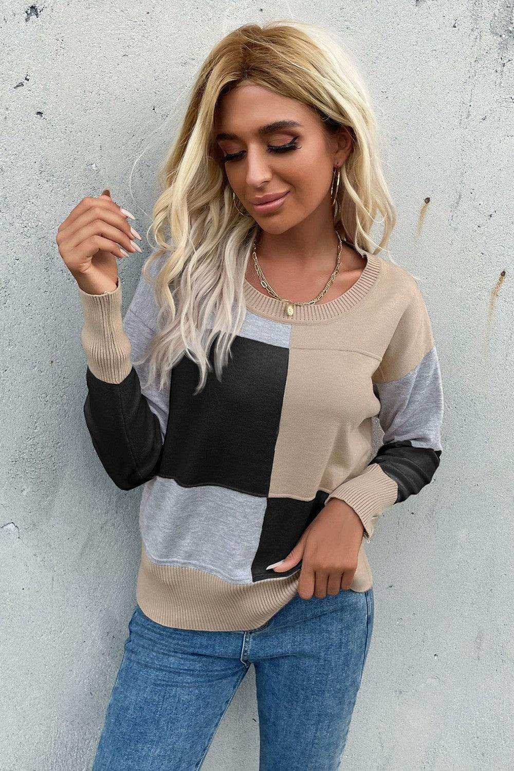 Color Block Ribbed Trim Round Neck Knit Pullover - Trendsi - Flyclothing LLC