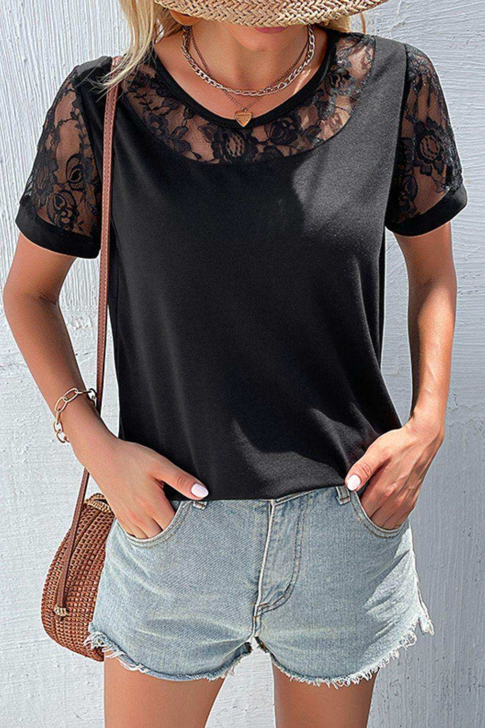 Spliced Lace Round Neck Short Sleeve Top - Trendsi - Flyclothing LLC