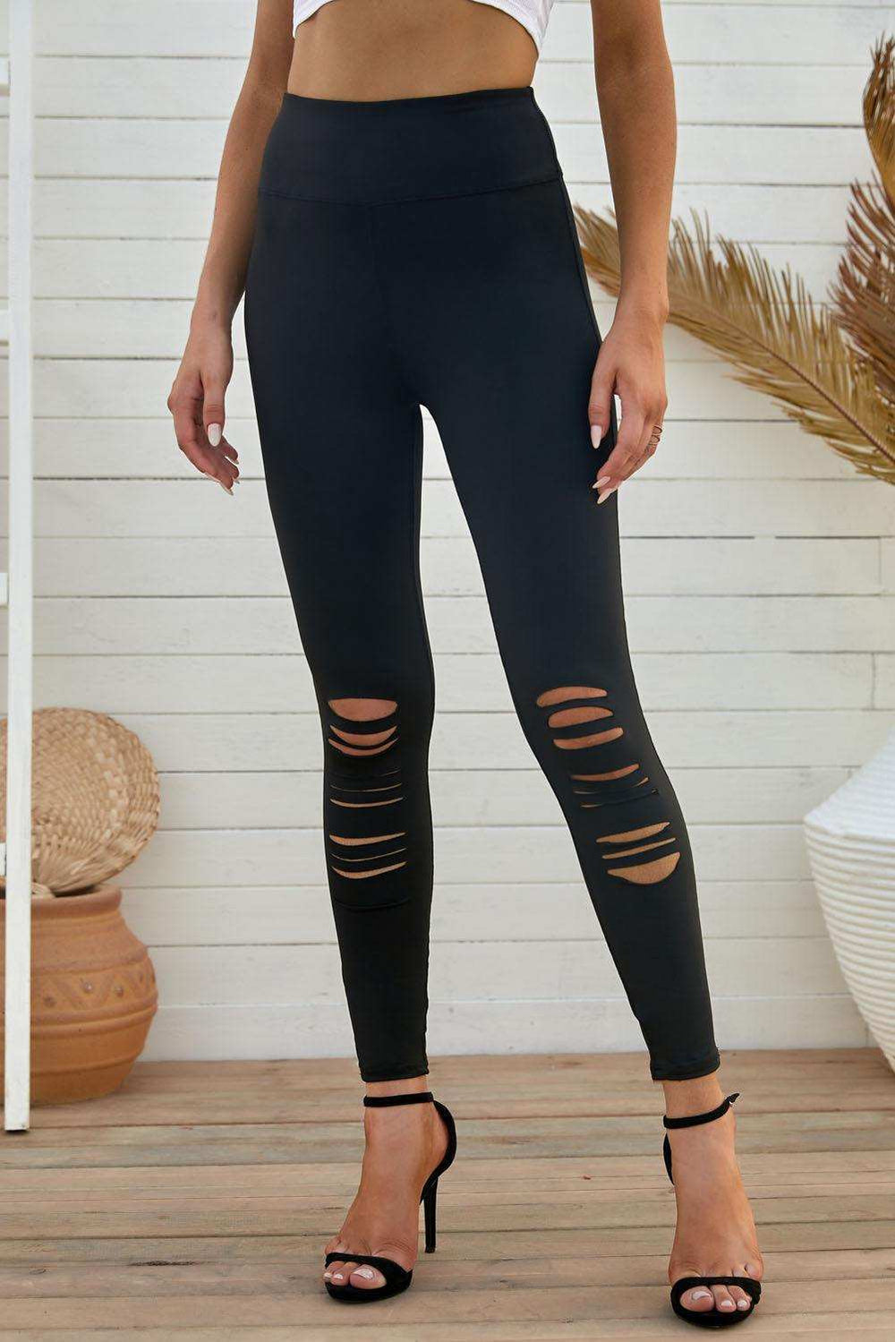 Wide Waistband Distressed Slim Fit Leggings - Trendsi - Flyclothing LLC