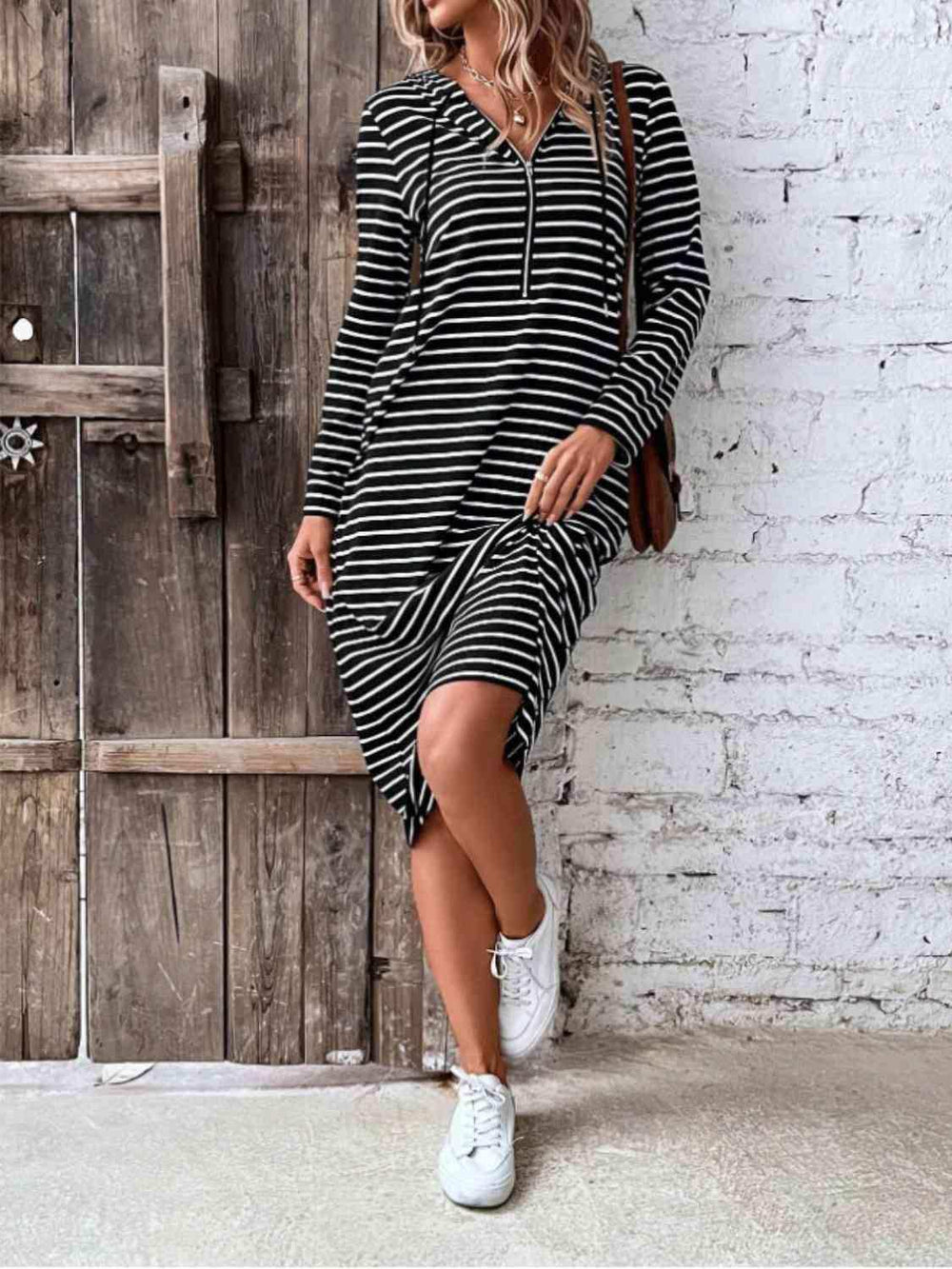 Striped Zip Front Hooded Dress - Trendsi - Flyclothing LLC