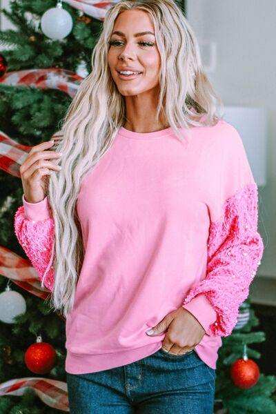 Sequin Round Neck Dropped Shoulder Sweatshirt - Trendsi - Flyclothing LLC