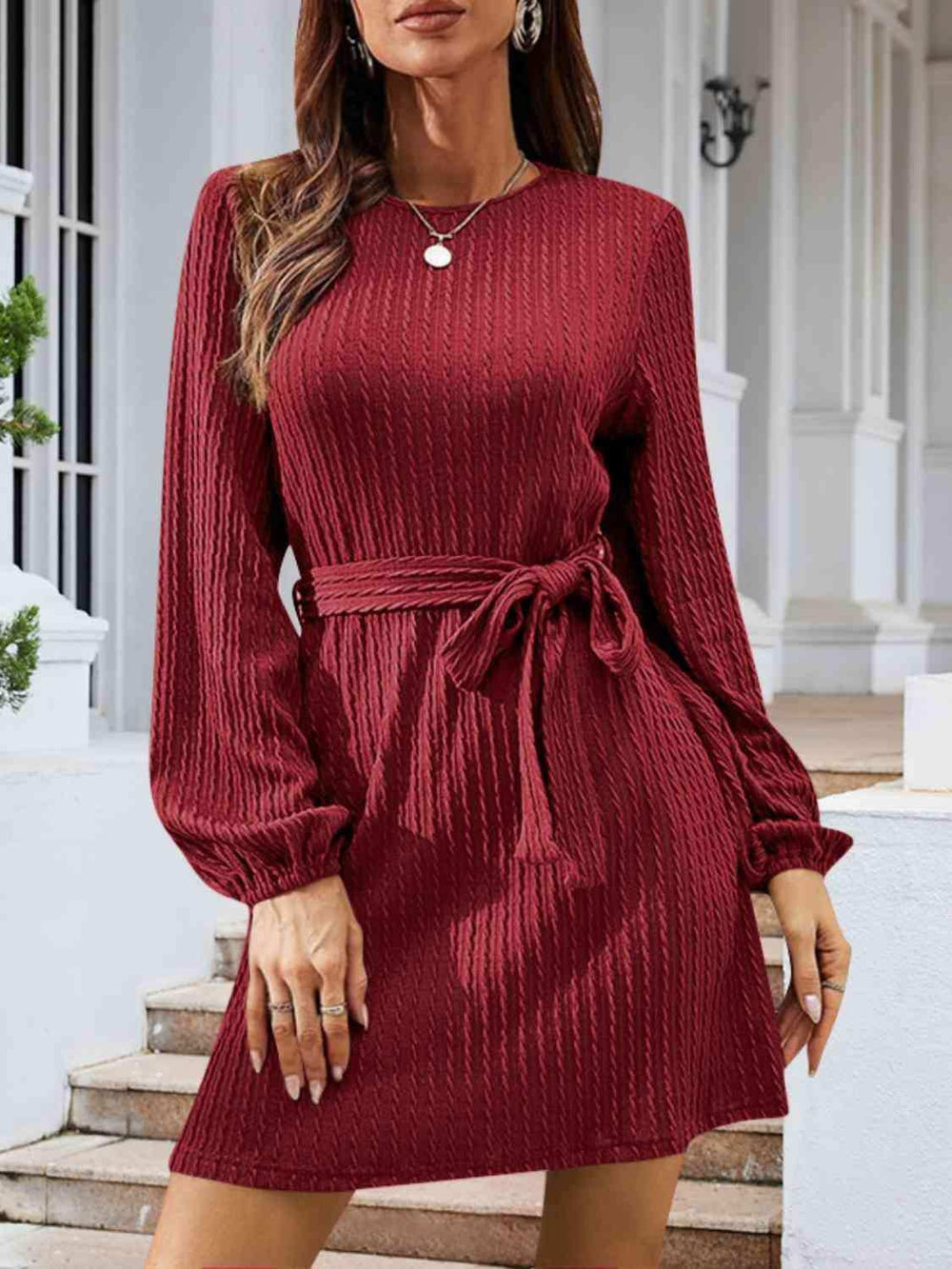 Round Neck Tie Front Long Sleeve Dress - Trendsi - Flyclothing LLC