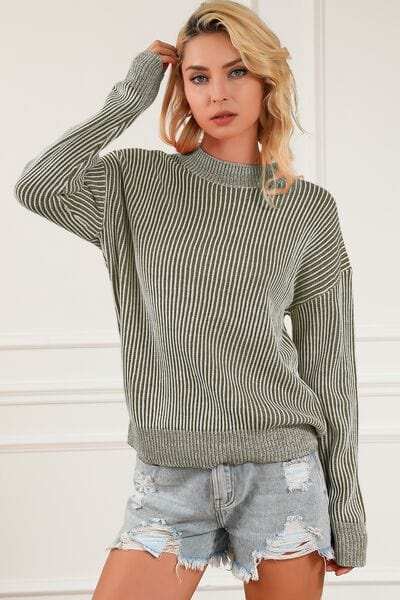 Striped Mock Neck Dropped Shoulder Sweater - Trendsi - Flyclothing LLC