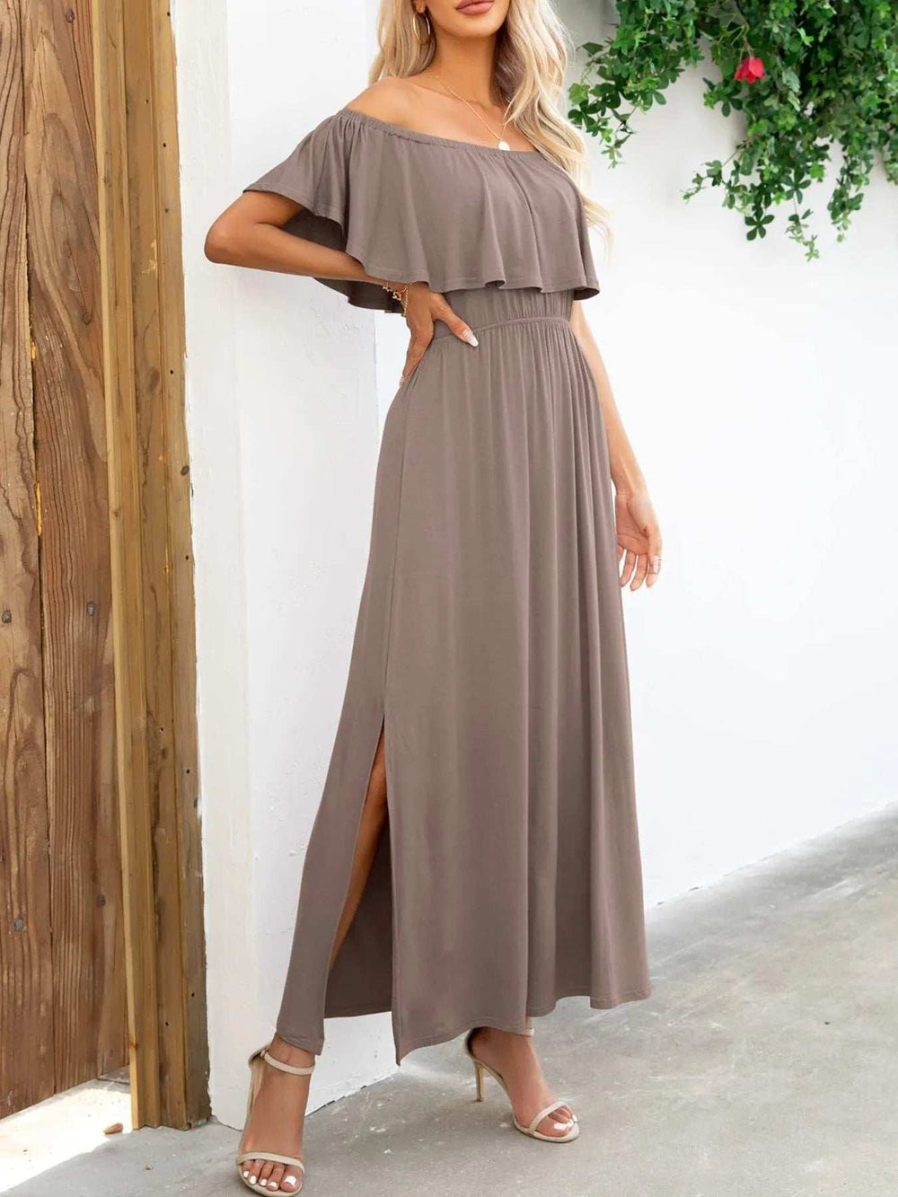 Off-Shoulder Slit Maxi Dress - Trendsi - Flyclothing LLC
