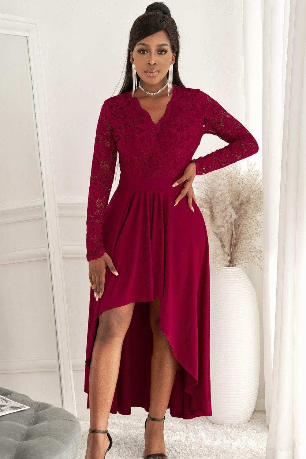 Lace High-Low V-Neck Dress - Trendsi - Flyclothing LLC