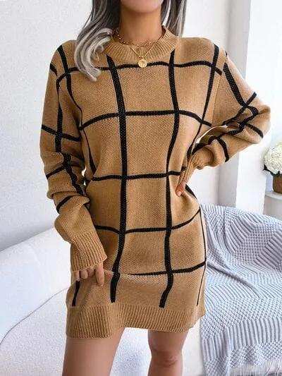 Plaid Round Neck Dropped Shoulder Sweater Dress - Trendsi - Flyclothing LLC