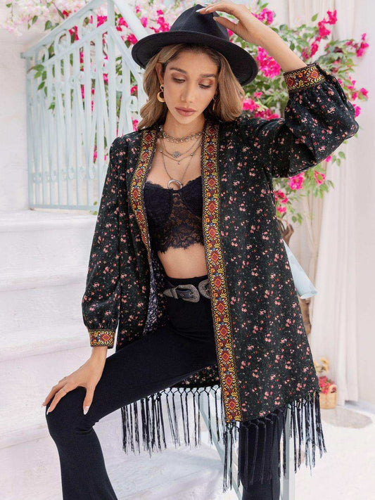Printed Fringe Detail Cardigan - Trendsi - Flyclothing LLC