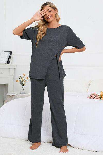 Slit Round Neck Top and Pants Lounge Set - Trendsi - Flyclothing LLC