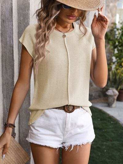 Rolled Cap Sleeve Round Neck Sweater Vest - Trendsi - Flyclothing LLC