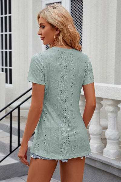Eyelet Slit Round Neck Short Sleeve T-Shirt - Trendsi - Flyclothing LLC