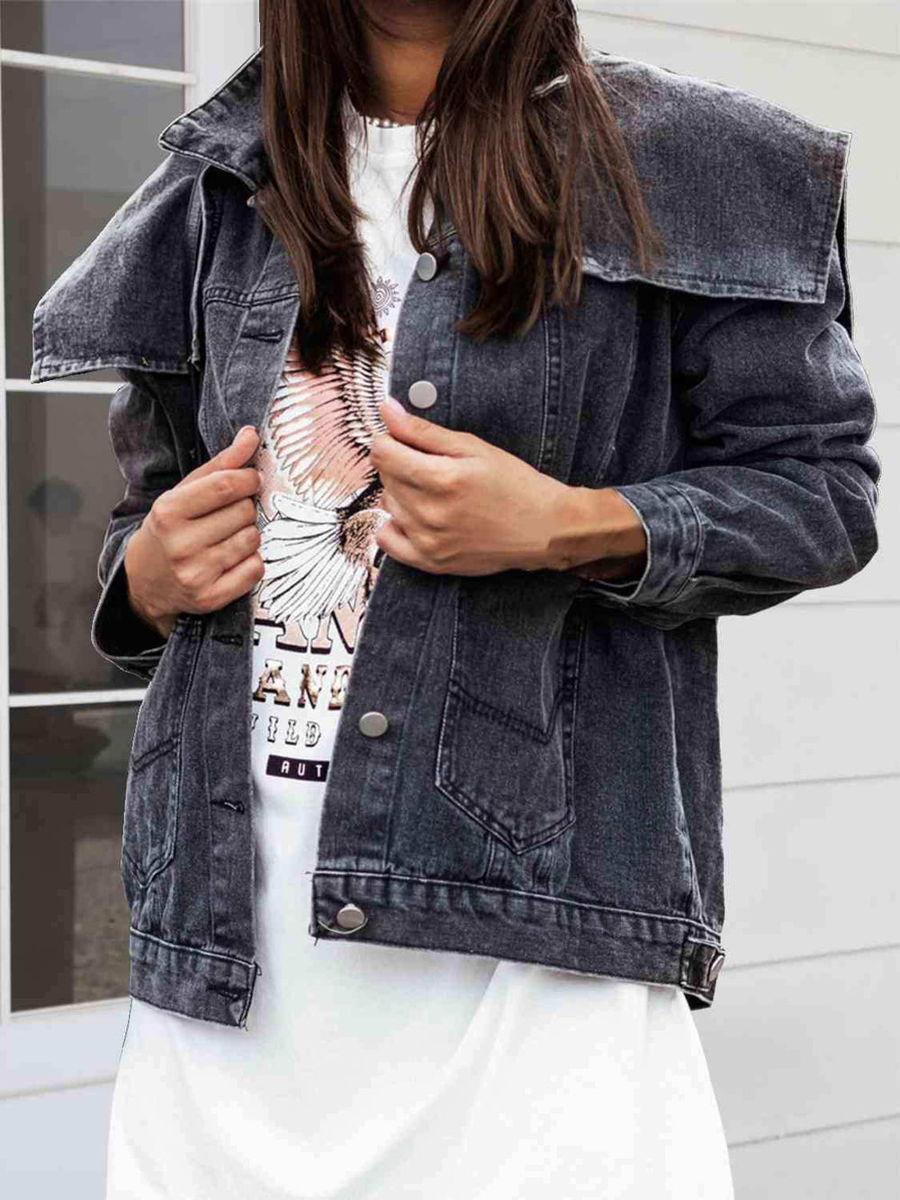 Collared Neck Button Down Denim Jacket - Trendsi - Flyclothing LLC