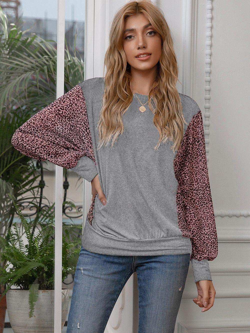 Leopard Print Round Neck Dolman Sleeve Blouse - Trendsi - Flyclothing LLC