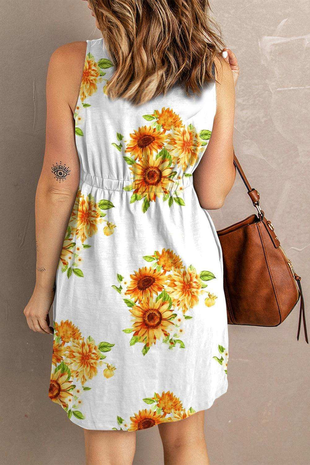 Sunflower Print Button Down Sleeveless Dress - Trendsi - Flyclothing LLC