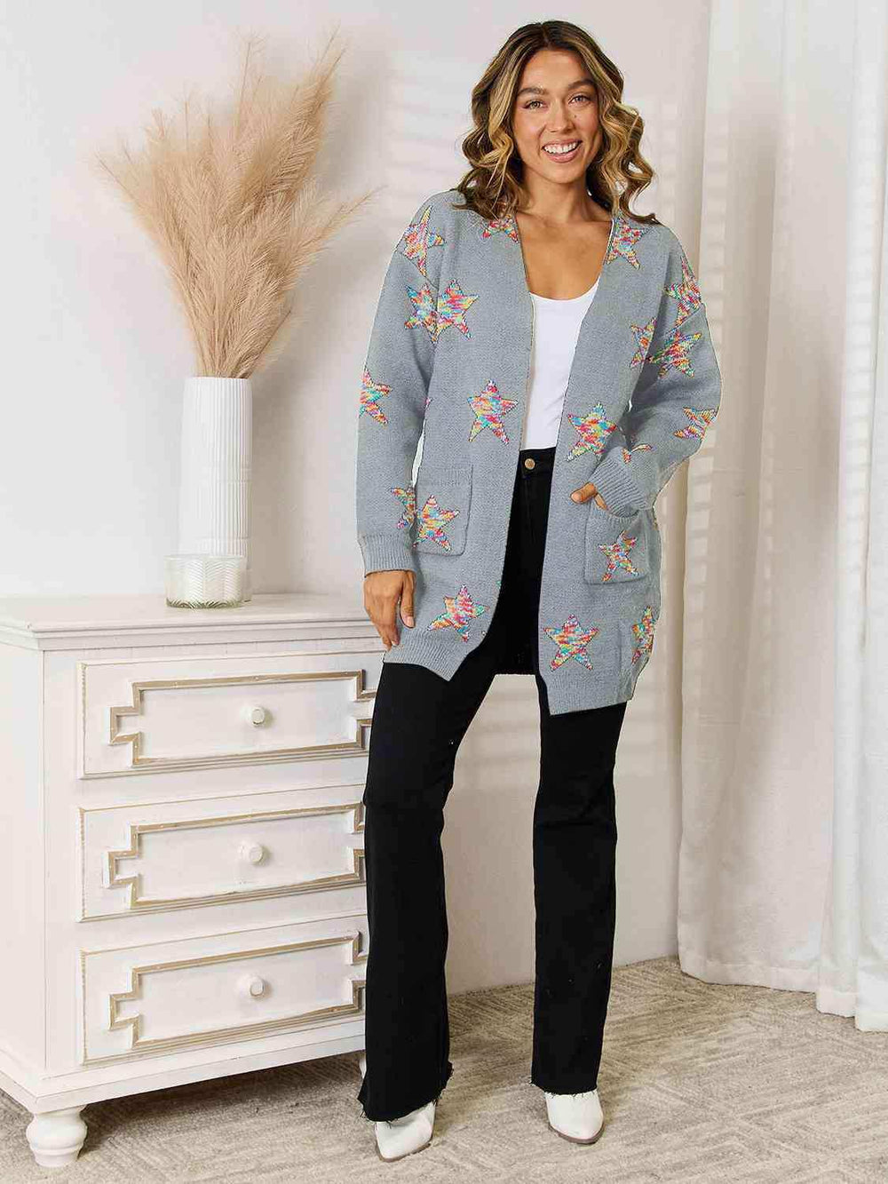 Star Pattern Open Front Cardigan with Pockets - Trendsi - Flyclothing LLC