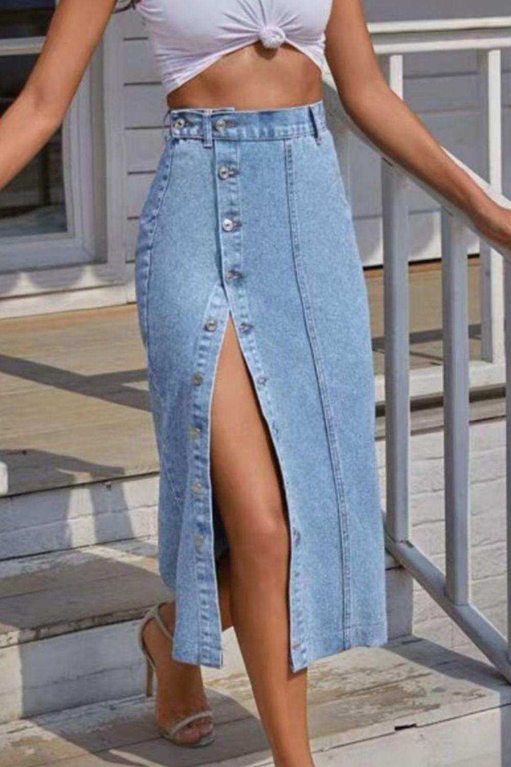Button Fly Split Denim Skirt - Trendsi - Flyclothing LLC