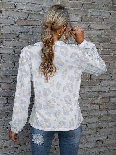 Leopard V-Neck Decorative Button Long Sleeve Blouse - Trendsi - Flyclothing LLC