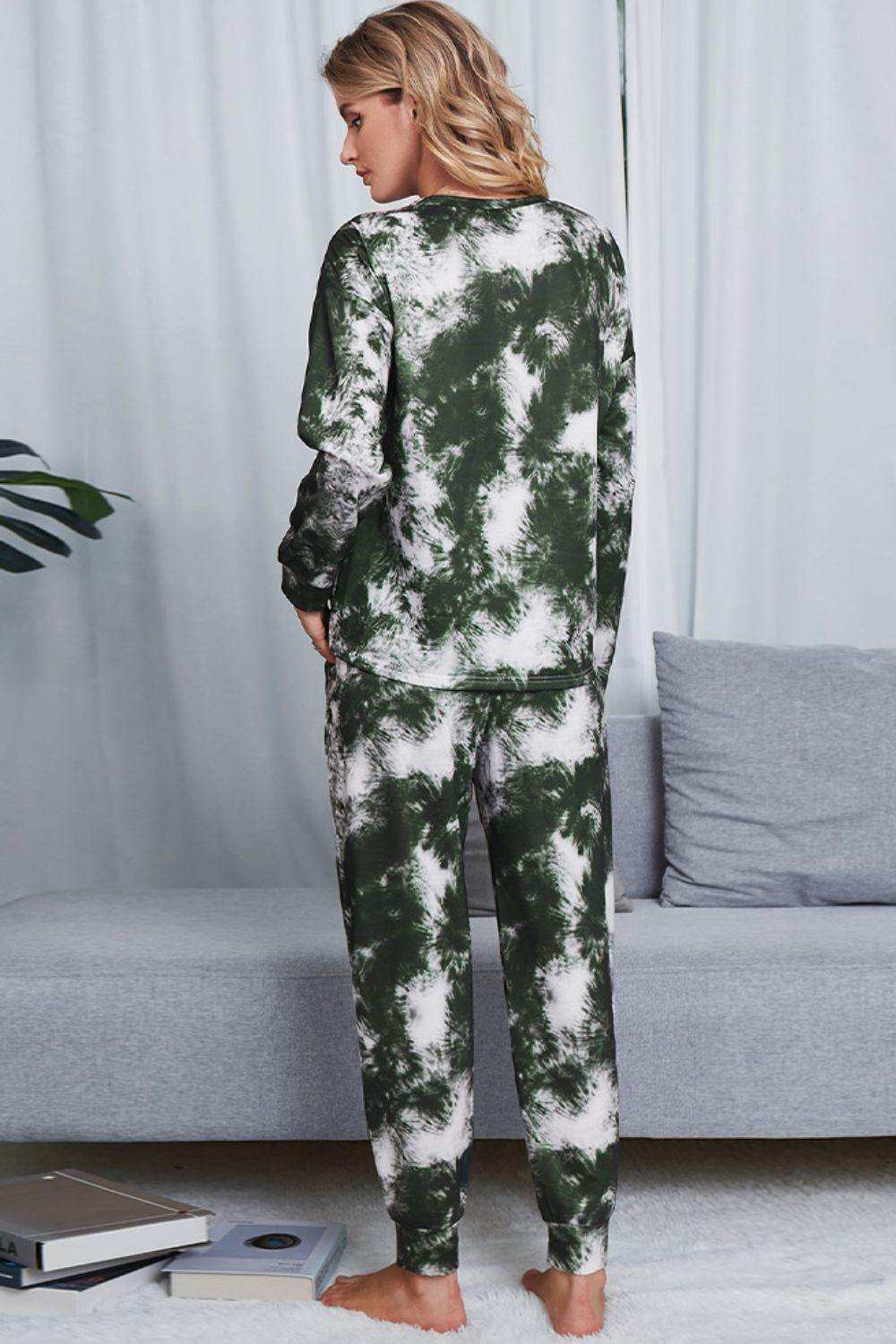 Tie-Dye Crewneck Top and Drawstring Waist Joggers Lounge Set - Trendsi - Flyclothing LLC