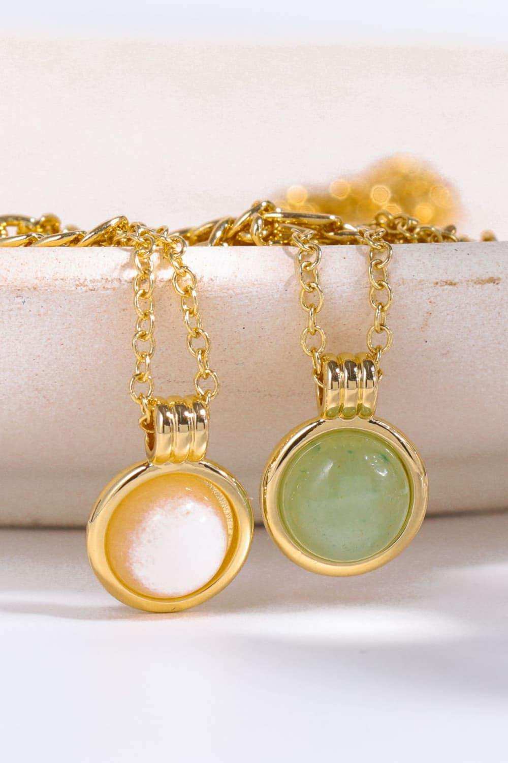 Copper 14K Gold Pleated Round Shape Aventurine Pendant Necklace - Trendsi - Flyclothing LLC