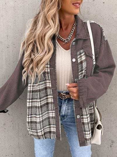 Plaid Button Up Dropped Shoulder Jacket - Trendsi - Flyclothing LLC