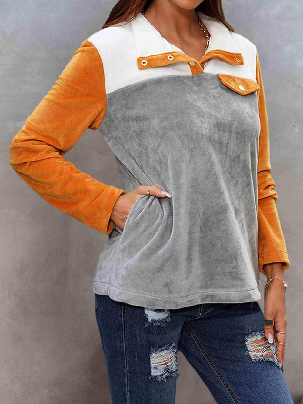 Color Block Collared Sweatshirt with Pockets - Trendsi - Flyclothing LLC