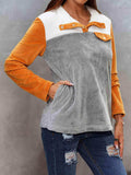 Color Block Collared Sweatshirt with Pockets - Trendsi - Flyclothing LLC