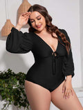 Plus Size Tied Deep V Balloon Sleeve One-Piece Swimsuit - Trendsi - Flyclothing LLC