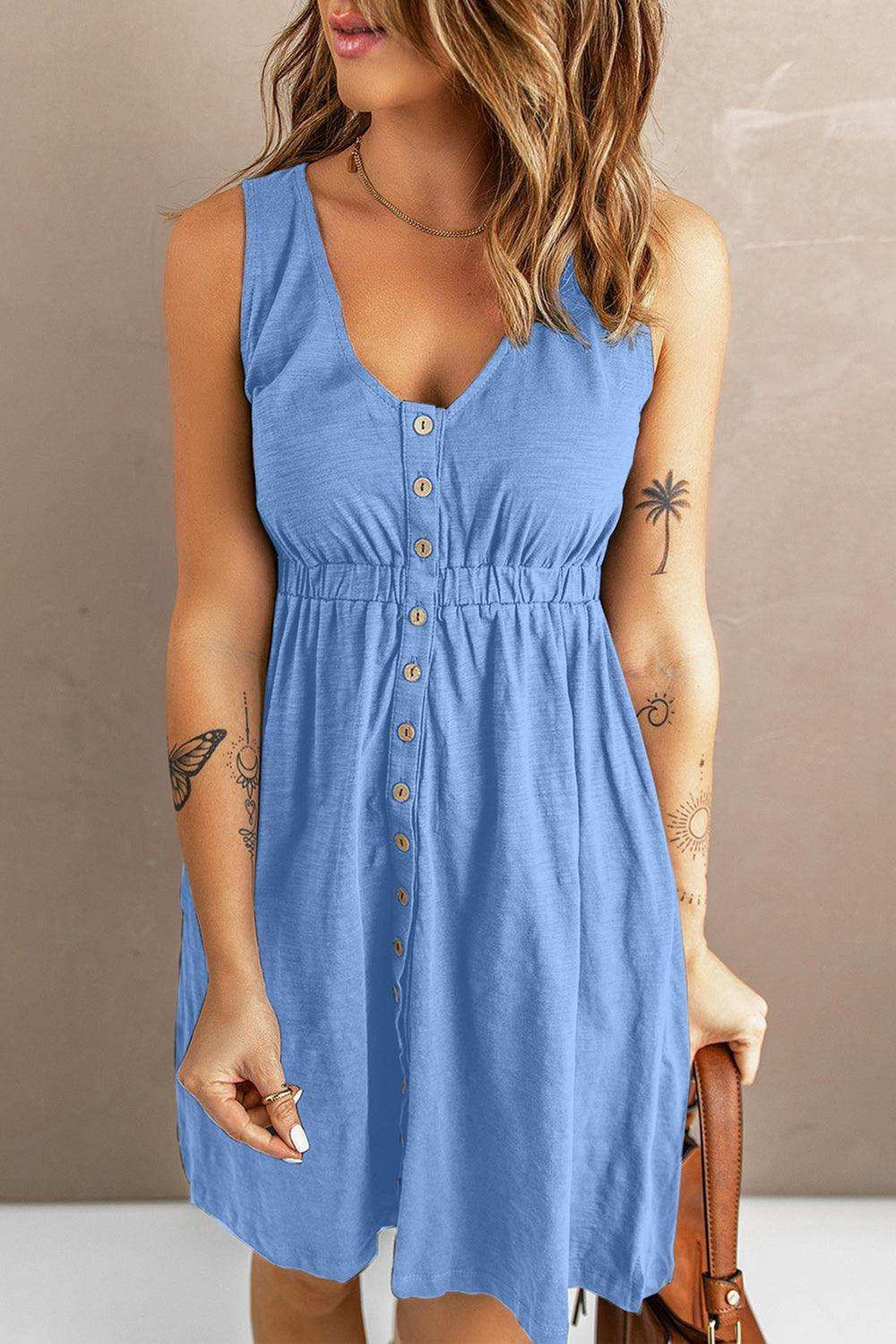 Sleeveless Button Down Mini Dress - Trendsi - Flyclothing LLC