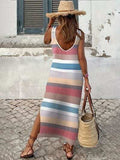 Slit Striped Round Neck Sleeveless Dress - Trendsi - Flyclothing LLC