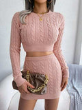 Cable-Knit Round Neck Top and Skirt Sweater Set - Trendsi - Flyclothing LLC