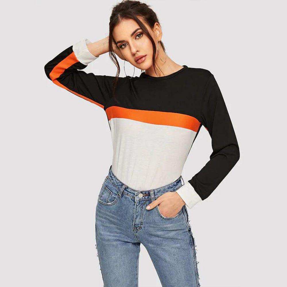Color Block Round Neck Long Sleeve Tee - Trendsi - Flyclothing LLC